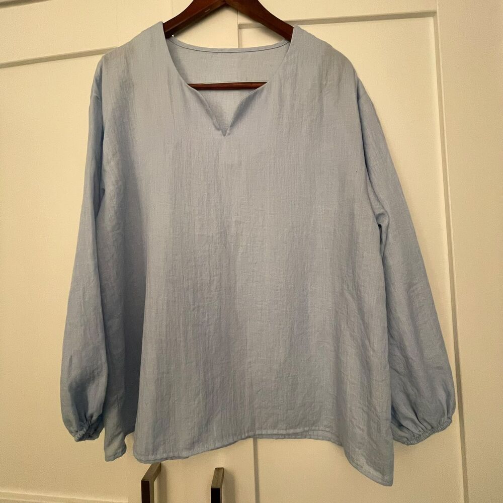 Womens XL Light Blue 100% Linen Split V-Neck Long Sleeve Blouse Top Extra Large - Picture 2 of 9